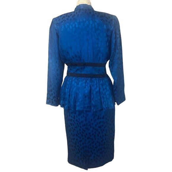 Vintage Silk Studio Blue & Black polkadot fitted waist top & skirt size 12 - Picture 5 of 12